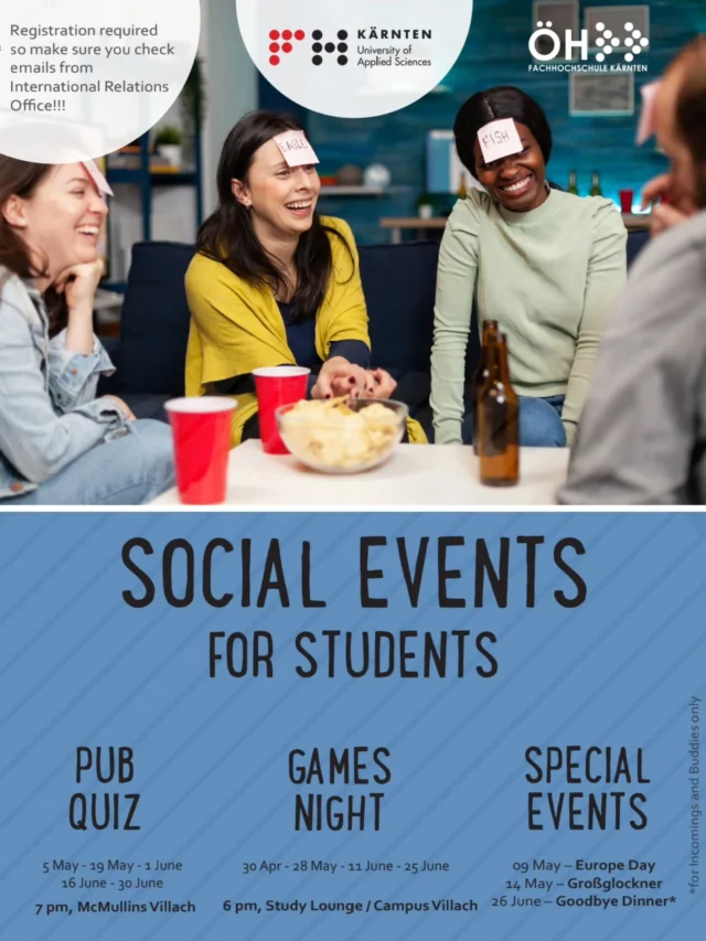 Wir dürfen euch zu weiteren gemeinsamen Events organisiert und bezahlt vom IRO und der ÖH einladen! 🍹🥳☺️😎🧉 ---------------------‐----------------------------------- Upcoming social events organized and paid by IRO / student's union! 🍹🥳☺️😎🧉