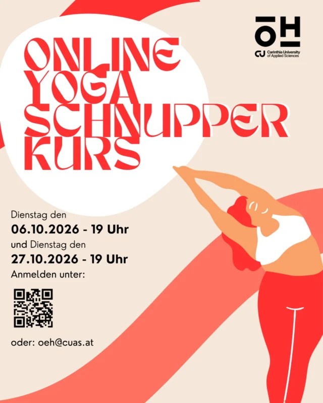 🧘‍♀️ Online-Yoga mit der ÖH CU Kärnten | Online Yoga with ÖH CU Kärnten 🧘‍♂️ Im Oktober starten wir mit einem neuen Yoga-Angebot für euch – online und kostenlos! ✨ 📅 06.10.2026 | 19:00 Uhr 📅 27.10.2026 | 19:00 Uhr 💻 vollständig online 💸 Kosten übernimmt die ÖH CU Kärnten 🧘 keine Vorkenntnisse notwendig Anmeldung: 🔗 ONLINE Yoga Schnupperkurs - 06.10.2026 oder 27.10.2026 um 19 Uhr 📧 oeh@cuas.at Den Zugangslink erhaltet ihr anschließend per E-Mail. ⚠️ Die Teilnehmeranzahl ist begrenzt. Falls ihr doch nicht teilnehmen könnt, gebt uns bitte kurz Bescheid, damit wir den Platz weitergeben können. Bei genügend Interesse möchten wir anschließend auch 5er- und 10er-Einheiten anbieten. -------------------------------------------- 🧘‍♀️ Online Yoga with ÖH CU Kärnten 🧘‍♂️ This October, we are launching a new yoga offer for students – online and completely free! ✨ 📅 06 October 2026 | 7:00 p.m. 📅 27 October 2026 | 7:00 p.m. 💻 fully online 💸 participation costs covered by ÖH CU Kärnten 🧘 no previous experience required Registration: 🔗 ONLINE Yoga Schnupperkurs - 06.10.2026 oder 27.10.2026 um 19 Uhr 📧 oeh@cuas.at You will receive the access link by email after registering. ⚠️ Places are limited. If you are unable to attend, please let us know so we can offer your place to another student. If there is enough interest, we would also like to offer 5-session and 10-session packages afterwards. We look forward to seeing you! 🧘‍♀️✨ #ÖHCUKärnten #Yoga #OnlineYoga #CUAS #StudentLife